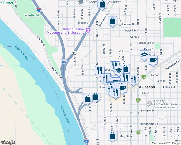 map of restaurants, bars, coffee shops, grocery stores, and more near 415 North 3rd Street in Saint Joseph