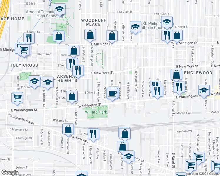 map of restaurants, bars, coffee shops, grocery stores, and more near 52 North Hamilton Avenue in Indianapolis