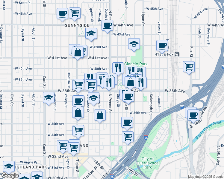 map of restaurants, bars, coffee shops, grocery stores, and more near 1625 West 38th Avenue in Denver