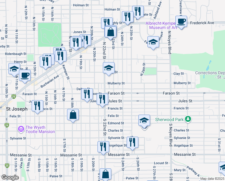 map of restaurants, bars, coffee shops, grocery stores, and more near 2225 Faraon Street in Saint Joseph