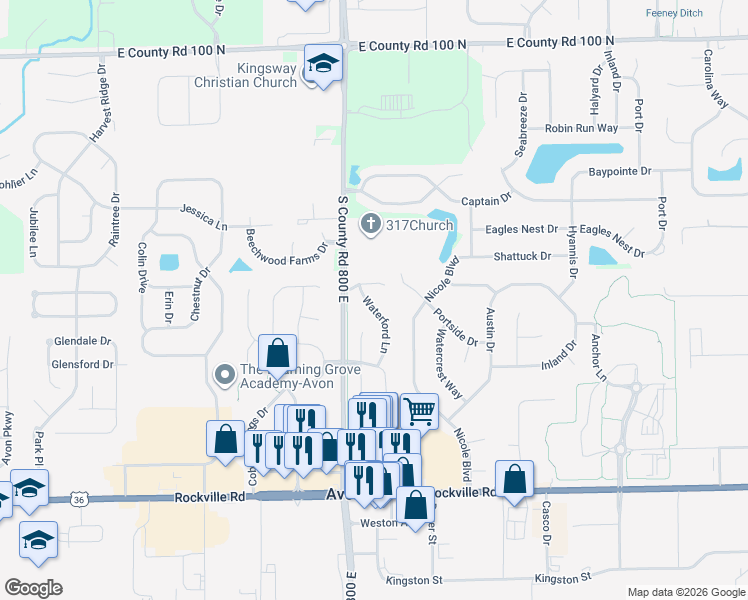 map of restaurants, bars, coffee shops, grocery stores, and more near 438 Waterford Lane in Avon