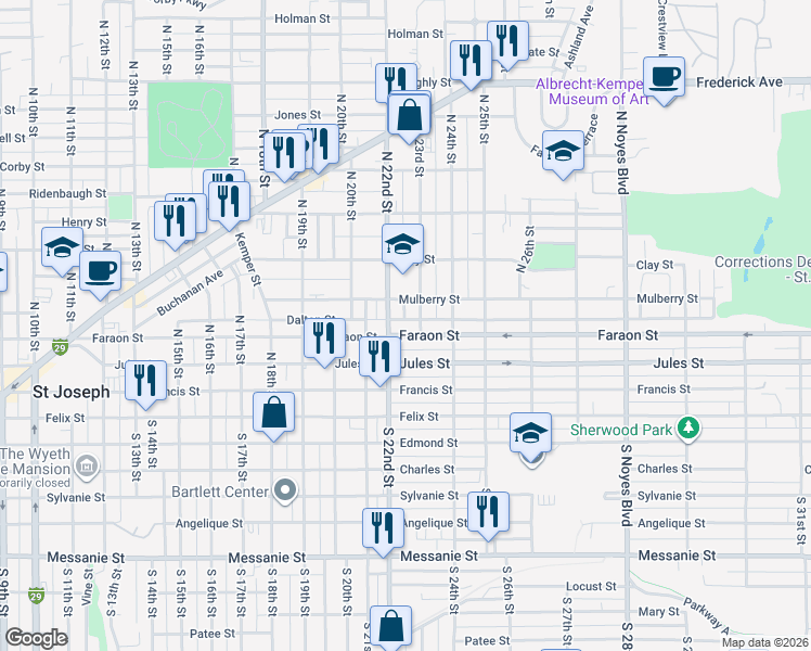 map of restaurants, bars, coffee shops, grocery stores, and more near 2225 Faraon Street in Saint Joseph