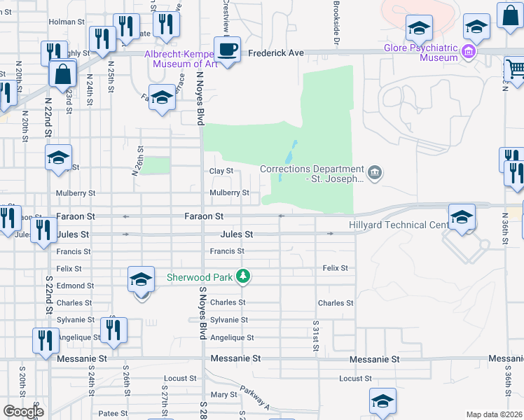 map of restaurants, bars, coffee shops, grocery stores, and more near 2925 Faraon Street in Saint Joseph