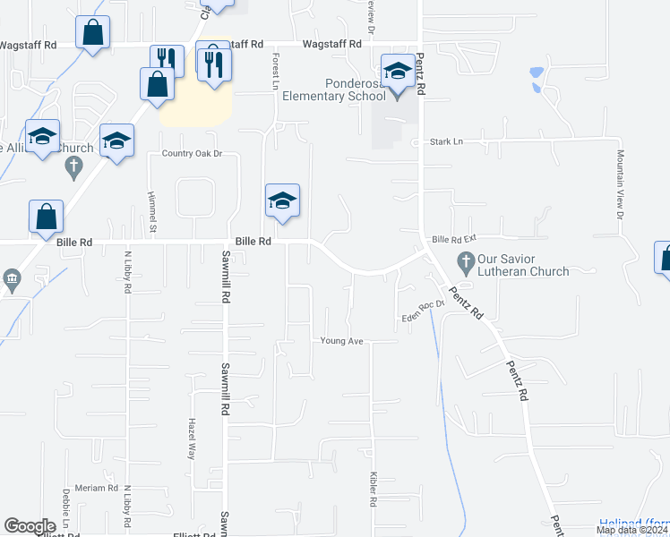 map of restaurants, bars, coffee shops, grocery stores, and more near 1642 Bille Road in Paradise