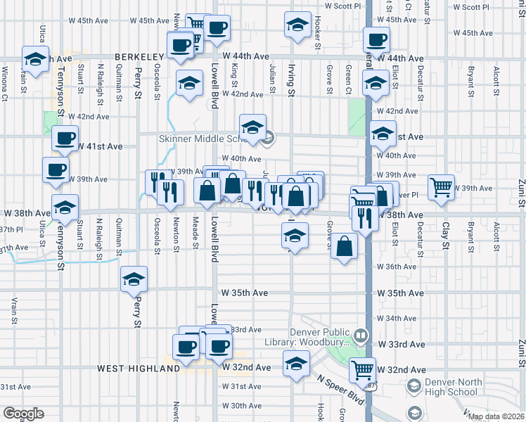 map of restaurants, bars, coffee shops, grocery stores, and more near 3355 West 38th Avenue in Denver