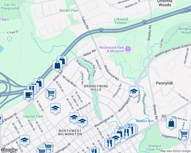 map of restaurants, bars, coffee shops, grocery stores, and more near 801A East Matson Run Parkway in Wilmington