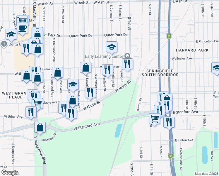 map of restaurants, bars, coffee shops, grocery stores, and more near 2711-2799 South Pasfield Street in Springfield