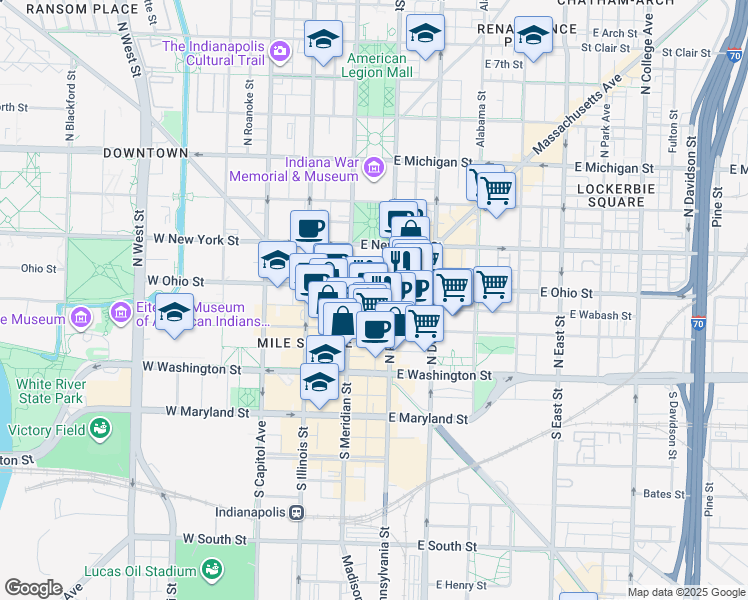 map of restaurants, bars, coffee shops, grocery stores, and more near 27 East Ohio Street in Indianapolis
