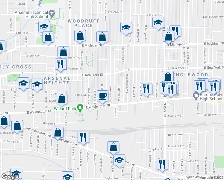 map of restaurants, bars, coffee shops, grocery stores, and more near 49 Jefferson Avenue in Indianapolis