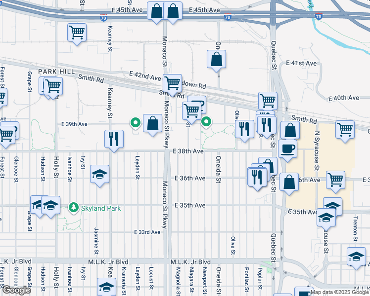 map of restaurants, bars, coffee shops, grocery stores, and more near 3803 Niagara Street in Denver