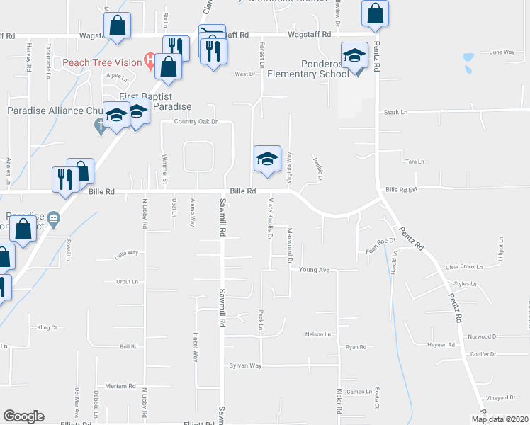 map of restaurants, bars, coffee shops, grocery stores, and more near 6105 Vista Knolls Drive in Paradise