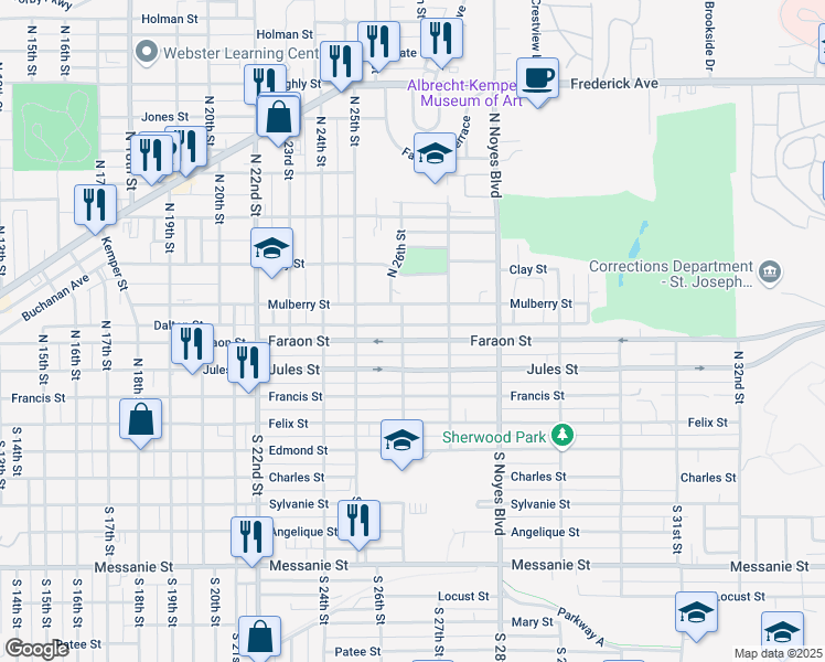 map of restaurants, bars, coffee shops, grocery stores, and more near 2531 Faraon Street in Saint Joseph