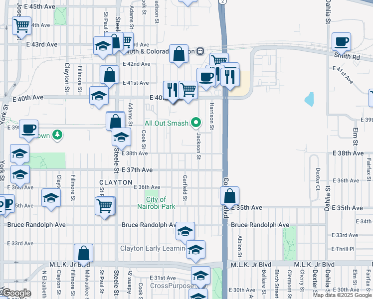map of restaurants, bars, coffee shops, grocery stores, and more near 3795 38th Avenue in Denver