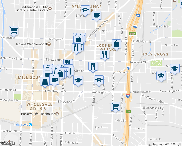 map of restaurants, bars, coffee shops, grocery stores, and more near 427 E Ohio St in Indianapolis