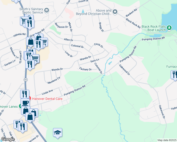map of restaurants, bars, coffee shops, grocery stores, and more near 109 Zachary Drive in Hanover
