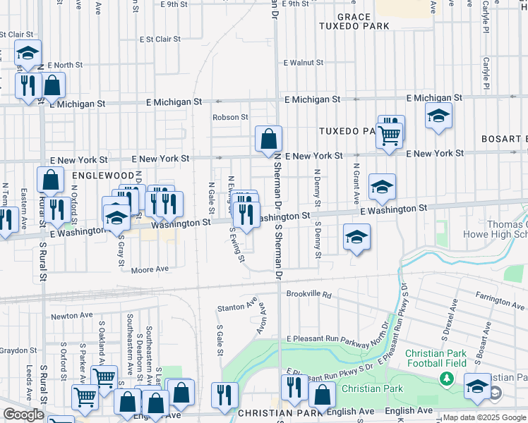 map of restaurants, bars, coffee shops, grocery stores, and more near 3720 E Washington St in Indianapolis