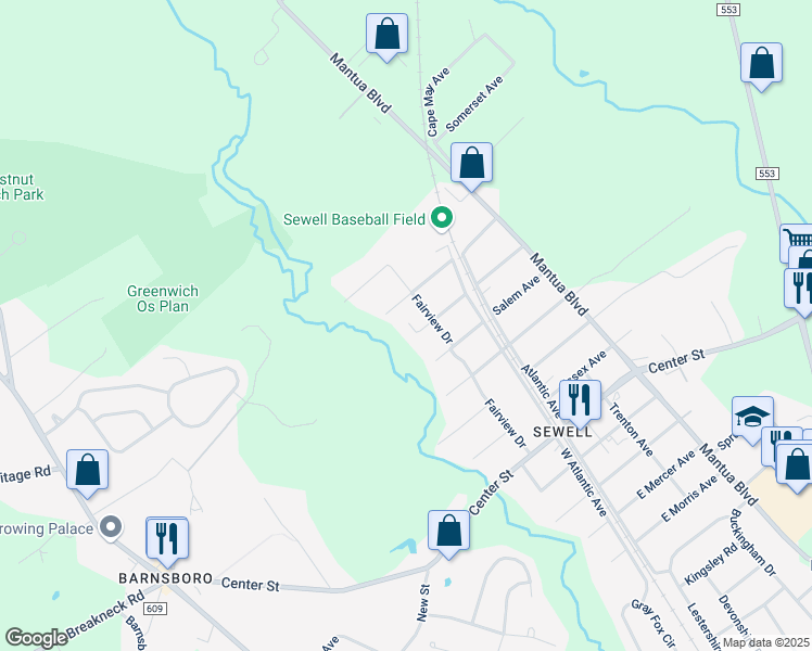 map of restaurants, bars, coffee shops, grocery stores, and more near 220 Monmouth Avenue in Mantua Township