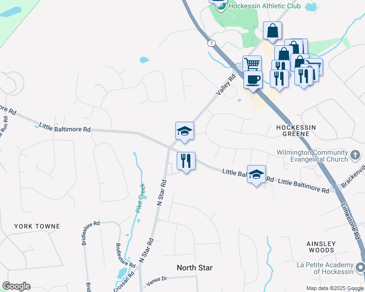 map of restaurants, bars, coffee shops, grocery stores, and more near 1313 Little Baltimore Road in Hockessin