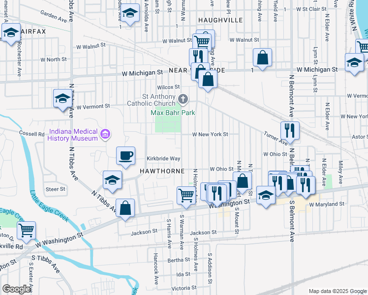 map of restaurants, bars, coffee shops, grocery stores, and more near 253 North Warman Avenue in Indianapolis