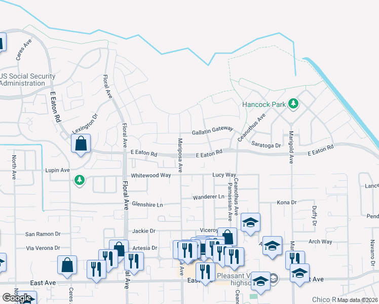 map of restaurants, bars, coffee shops, grocery stores, and more near 2962 East Eaton Road in Chico