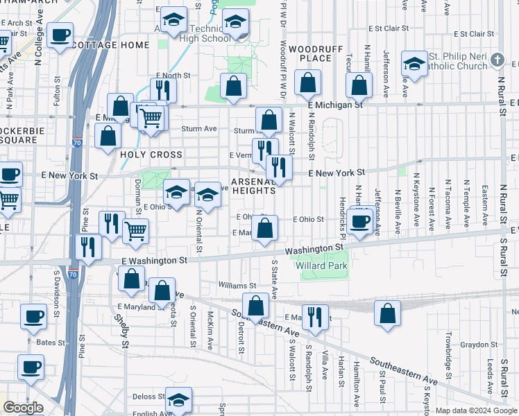 map of restaurants, bars, coffee shops, grocery stores, and more near 213 North Summit Street in Indianapolis