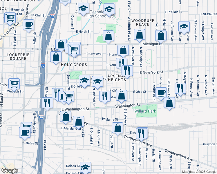 map of restaurants, bars, coffee shops, grocery stores, and more near 215 North Arsenal Avenue in Indianapolis