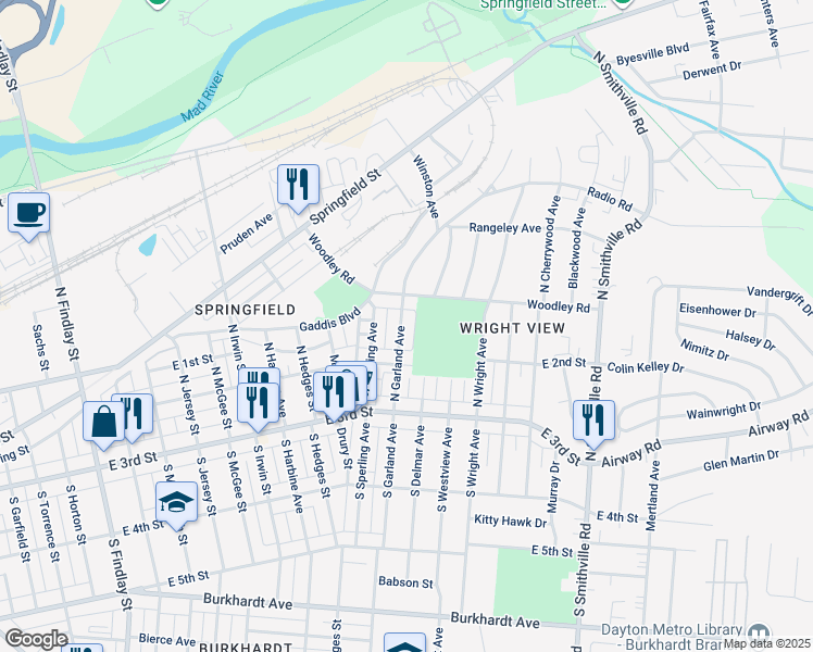 map of restaurants, bars, coffee shops, grocery stores, and more near 140 North Garland Avenue in Dayton