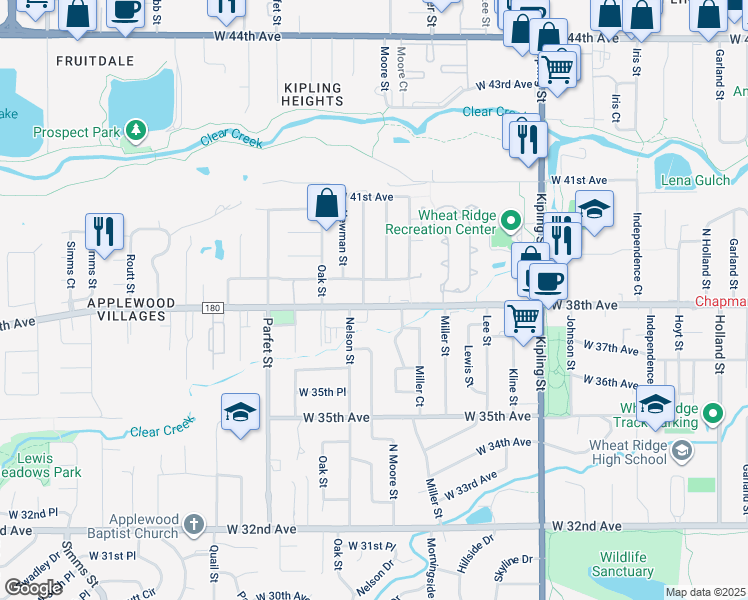 map of restaurants, bars, coffee shops, grocery stores, and more near 10595 West 38th Avenue in Wheat Ridge