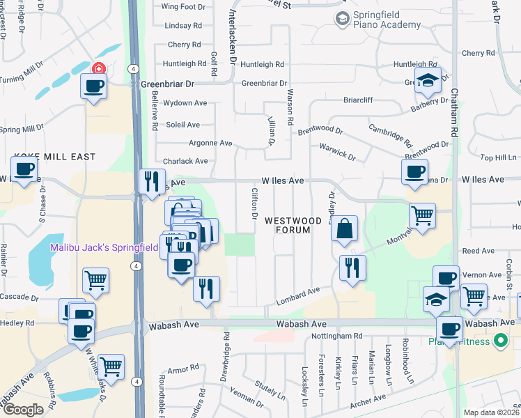 map of restaurants, bars, coffee shops, grocery stores, and more near 2601-2799 Bennington Dr in Springfield