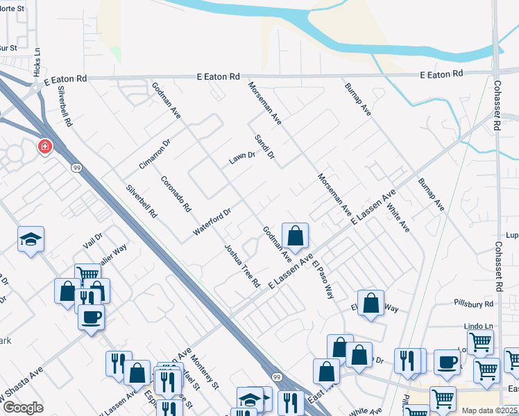 map of restaurants, bars, coffee shops, grocery stores, and more near 8a San Gabriel Drive in Chico