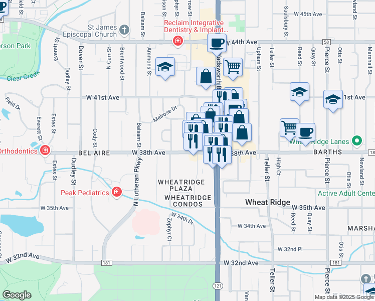 map of restaurants, bars, coffee shops, grocery stores, and more near 7809 County Road 180 in Wheat Ridge