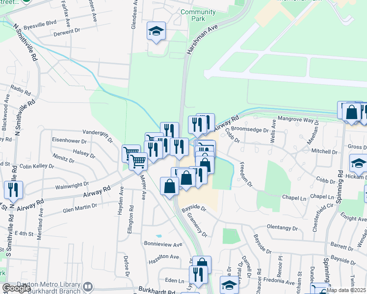 map of restaurants, bars, coffee shops, grocery stores, and more near in Dayton