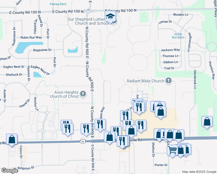 map of restaurants, bars, coffee shops, grocery stores, and more near 428 Dylan Drive in Avon