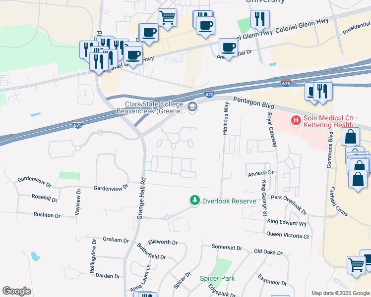map of restaurants, bars, coffee shops, grocery stores, and more near 3773 Malibu Court in Dayton