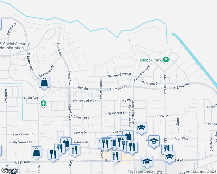 map of restaurants, bars, coffee shops, grocery stores, and more near 2970 East Eaton Road in Chico