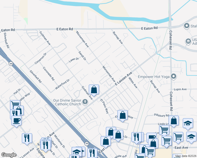 map of restaurants, bars, coffee shops, grocery stores, and more near 765 Caprice Way in Chico