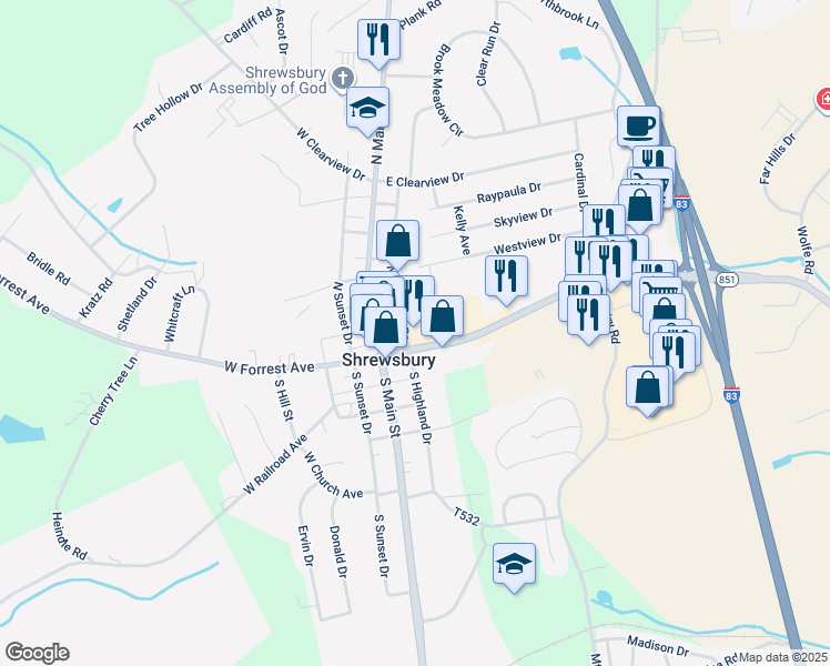 map of restaurants, bars, coffee shops, grocery stores, and more near 39 East Forrest Avenue in Shrewsbury