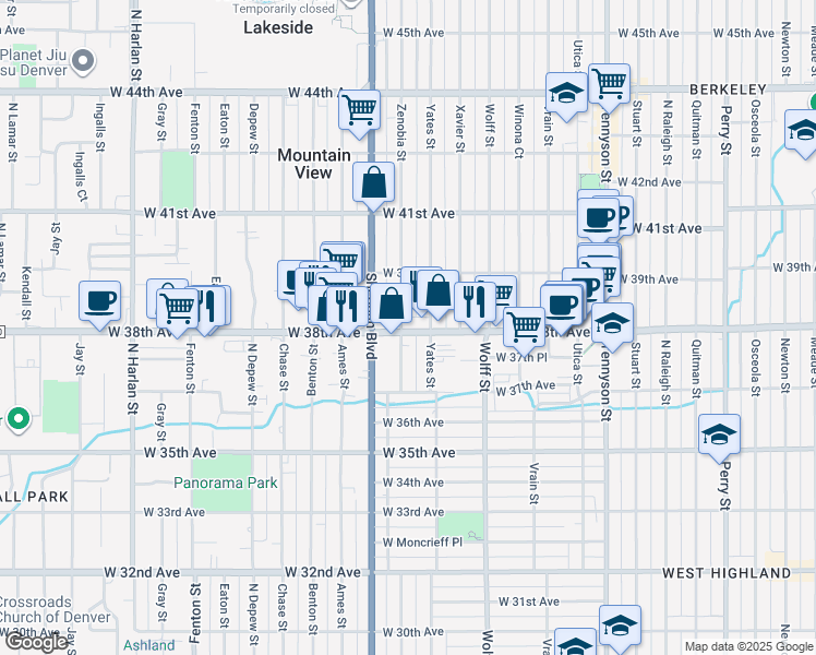 map of restaurants, bars, coffee shops, grocery stores, and more near 5119 West 38th Avenue in Denver