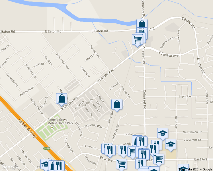 map of restaurants, bars, coffee shops, grocery stores, and more near 12 Scenic Lane in Chico