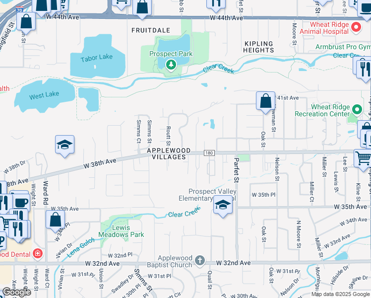 map of restaurants, bars, coffee shops, grocery stores, and more near 11395 West 38th Avenue in Wheat Ridge