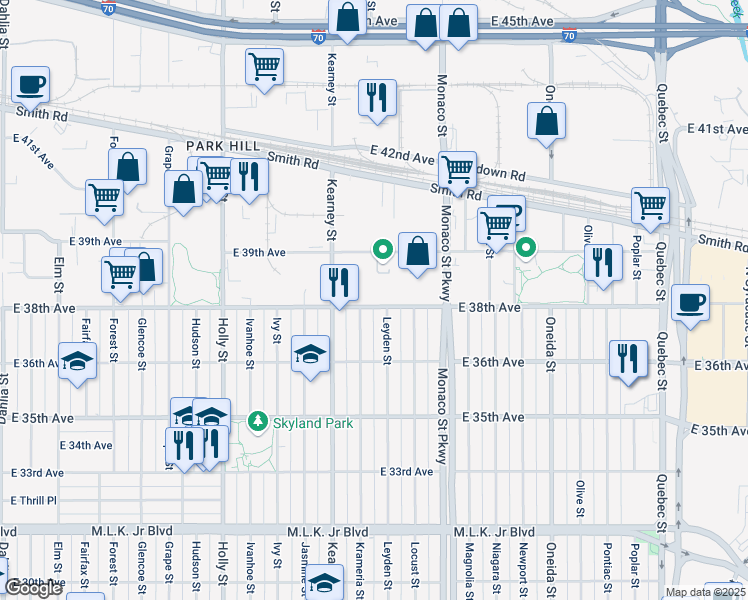 map of restaurants, bars, coffee shops, grocery stores, and more near 6225e 38th Avenue in Denver