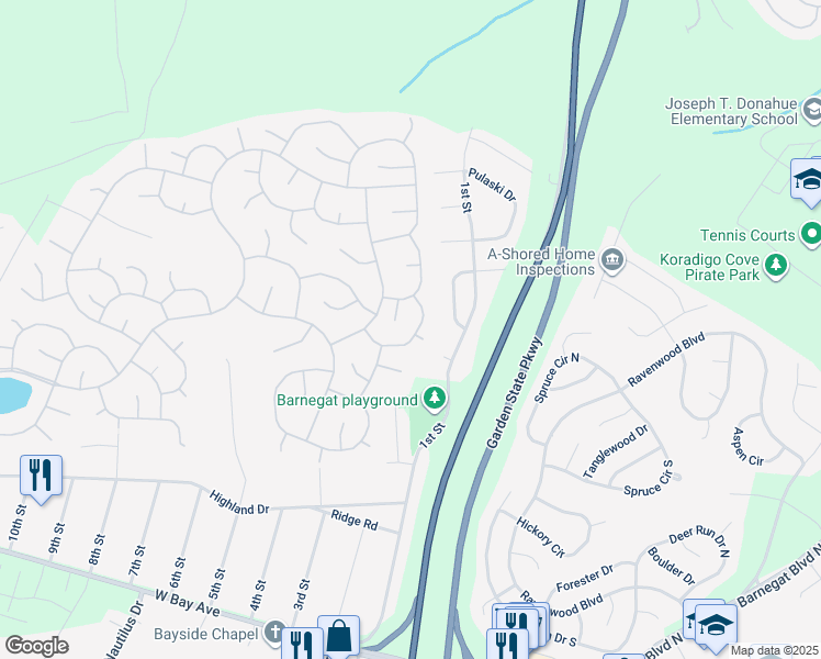 map of restaurants, bars, coffee shops, grocery stores, and more near 23 Silver Lake Drive in Barnegat Township