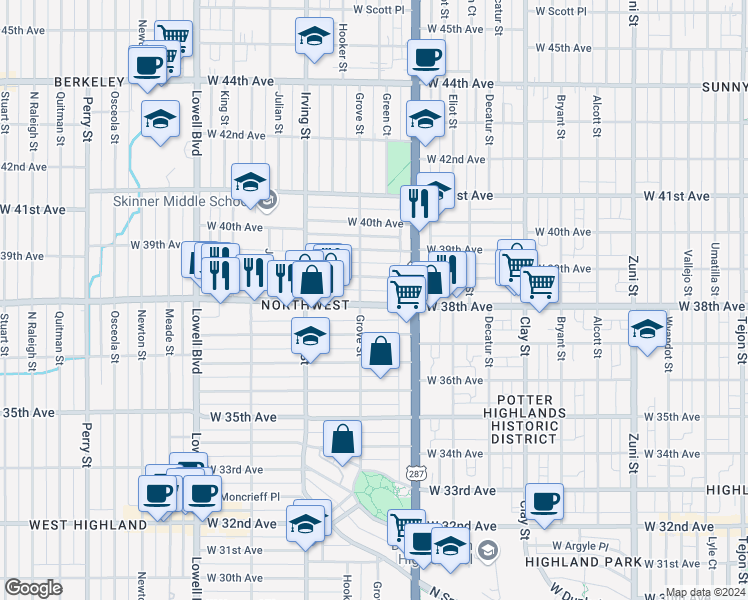 map of restaurants, bars, coffee shops, grocery stores, and more near 3069 West 38th Avenue in Denver