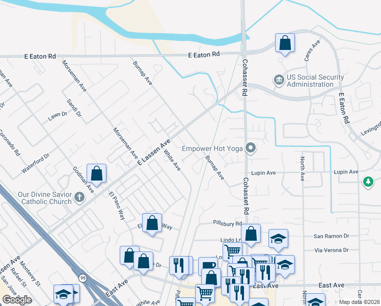 map of restaurants, bars, coffee shops, grocery stores, and more near 80 Jillian Lane in Chico