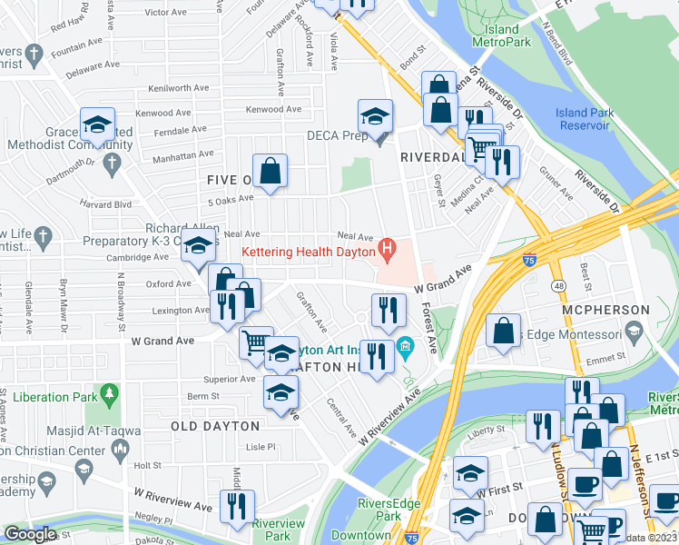 map of restaurants, bars, coffee shops, grocery stores, and more near 465 West Grand Avenue in Dayton