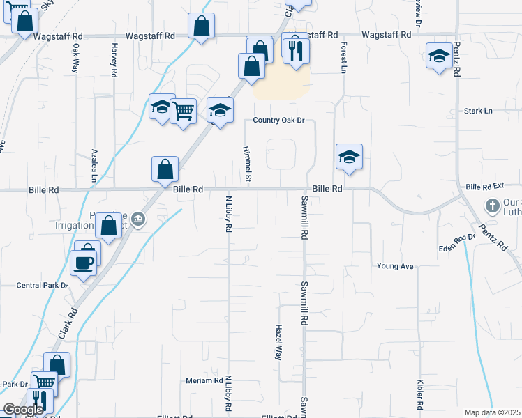 map of restaurants, bars, coffee shops, grocery stores, and more near 1440 Bille Road in Paradise