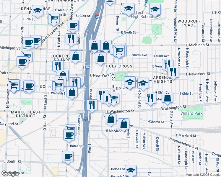 map of restaurants, bars, coffee shops, grocery stores, and more near in Indianapolis