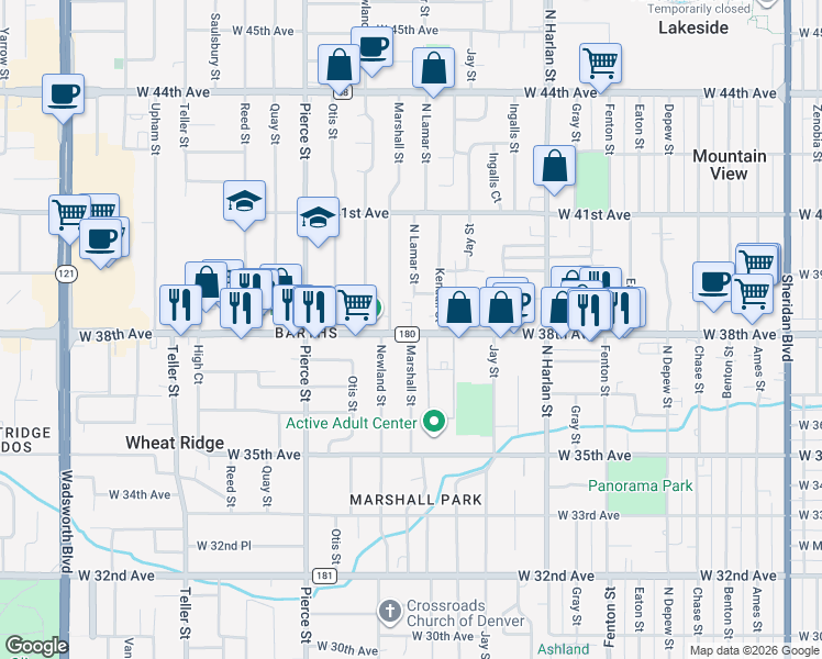 map of restaurants, bars, coffee shops, grocery stores, and more near 6465 West 38th Avenue in Wheat Ridge