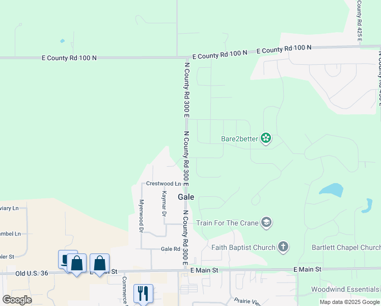 map of restaurants, bars, coffee shops, grocery stores, and more near 567 North County Road 300 East in Danville