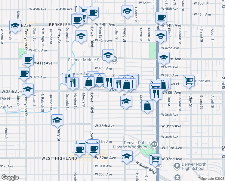 map of restaurants, bars, coffee shops, grocery stores, and more near 3355 West 38th Avenue in Denver